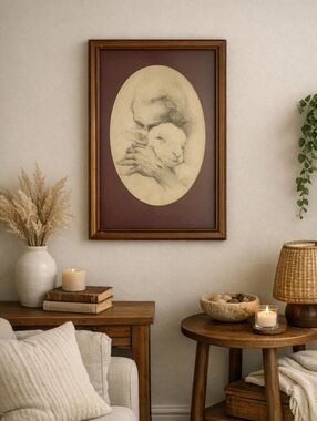 Framed Shepherd and Lamb Pencil Art Print in Brown